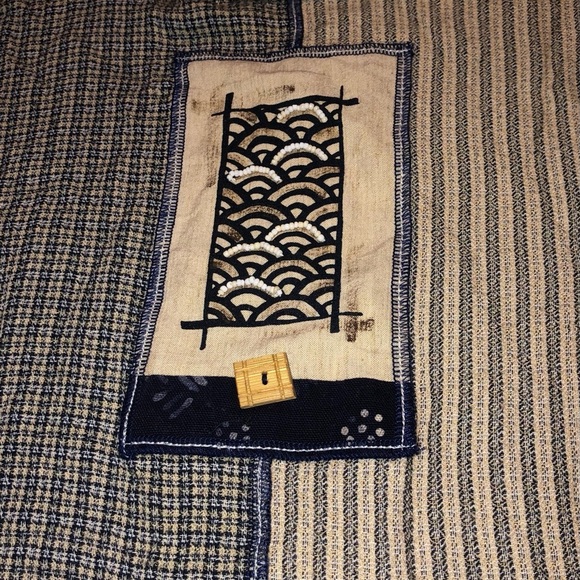 Vintage blue fish style cropped fringed long sleeve shirt handmade in Bali koi - Picture 9 of 9